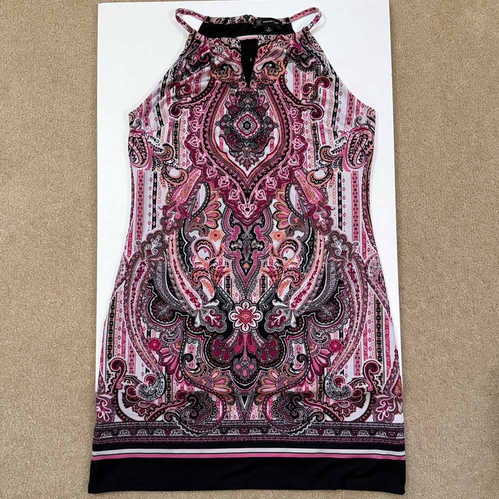 INC International Concepts Pink and Black Paisley Mini Halter Shift Dress Size M